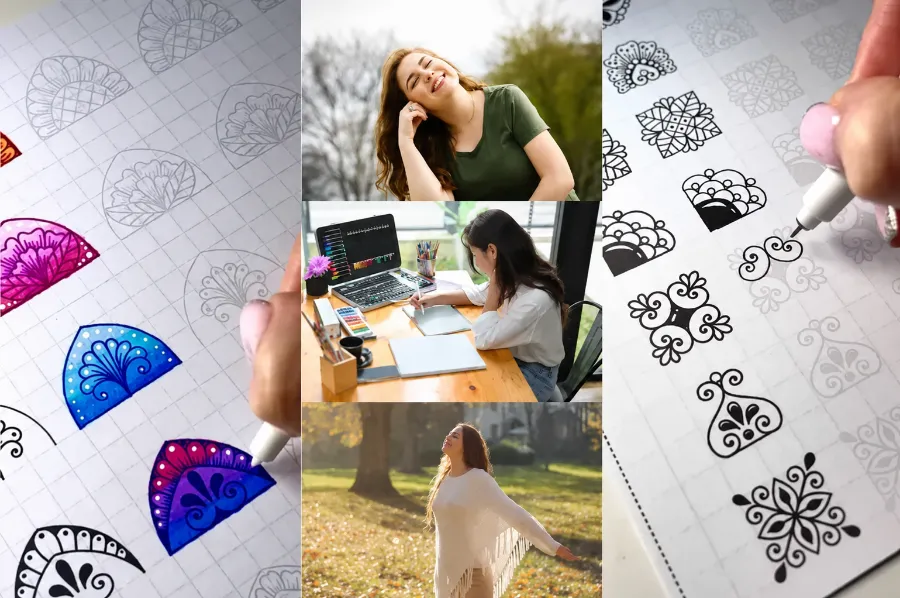 Mandalas coloreados y trazados a mano, con mujer disfrutando de un momento de calma
